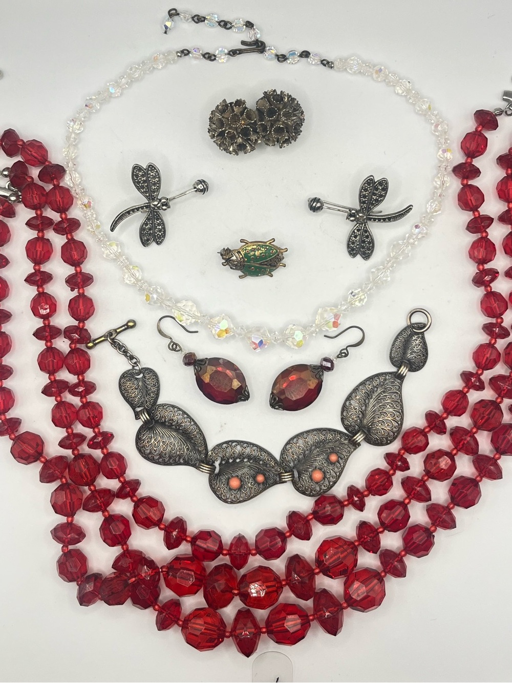 Vintage Jewelry Lot Aurora Crystal Choker Figural Insect & more